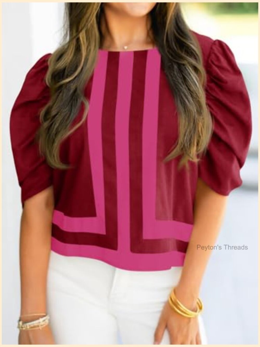 Women's Puff Sleeve Striped Color Block Cropped Blouse - Picture 3 of 7